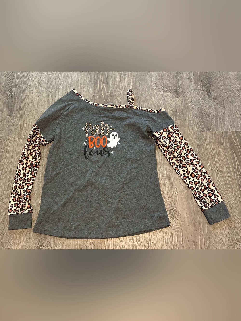 Gray 'Fab-BOO-lous' Halloween Top with Leopard Trim